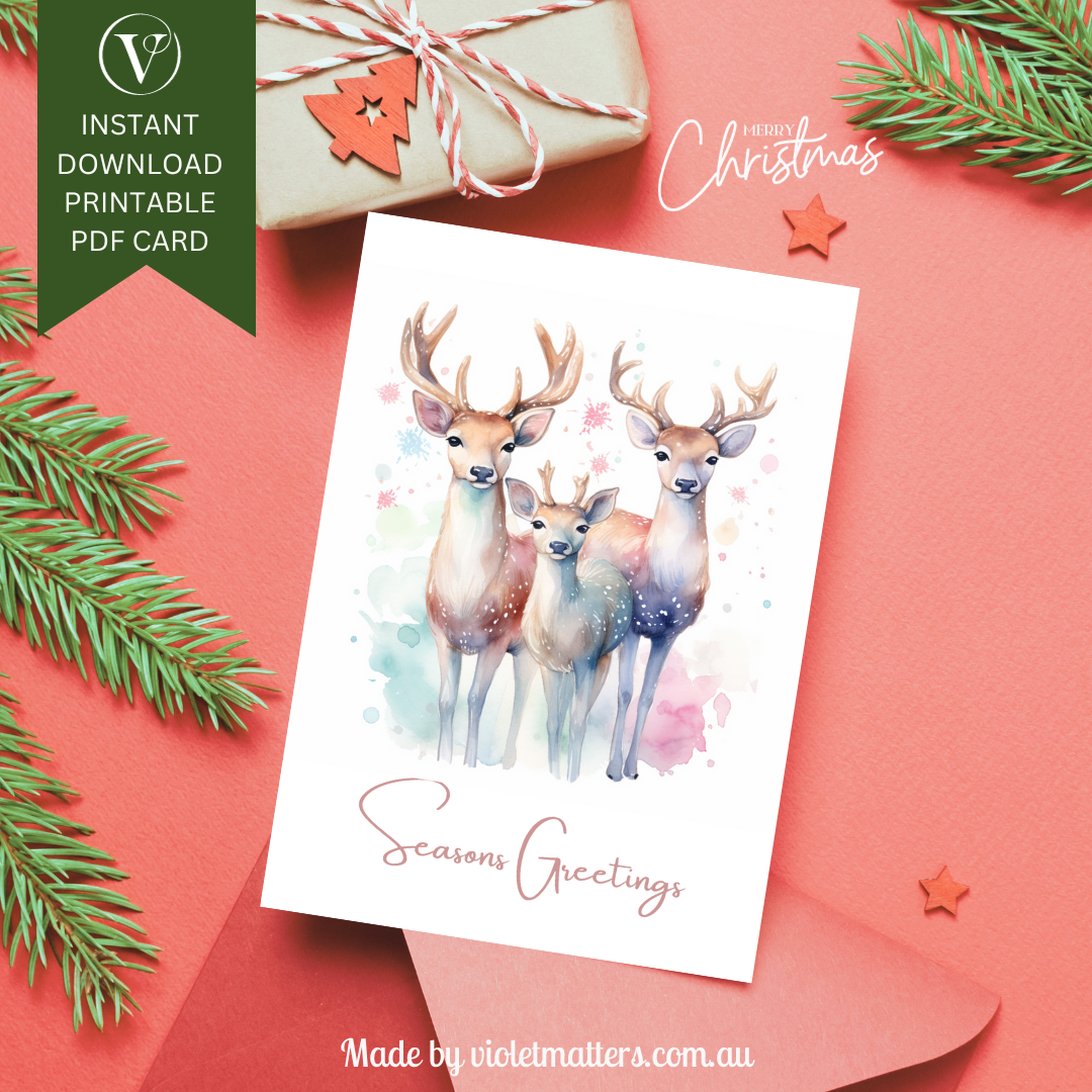 Beautiful Pastel Watercolor Deer Printable Christmas A5 Card