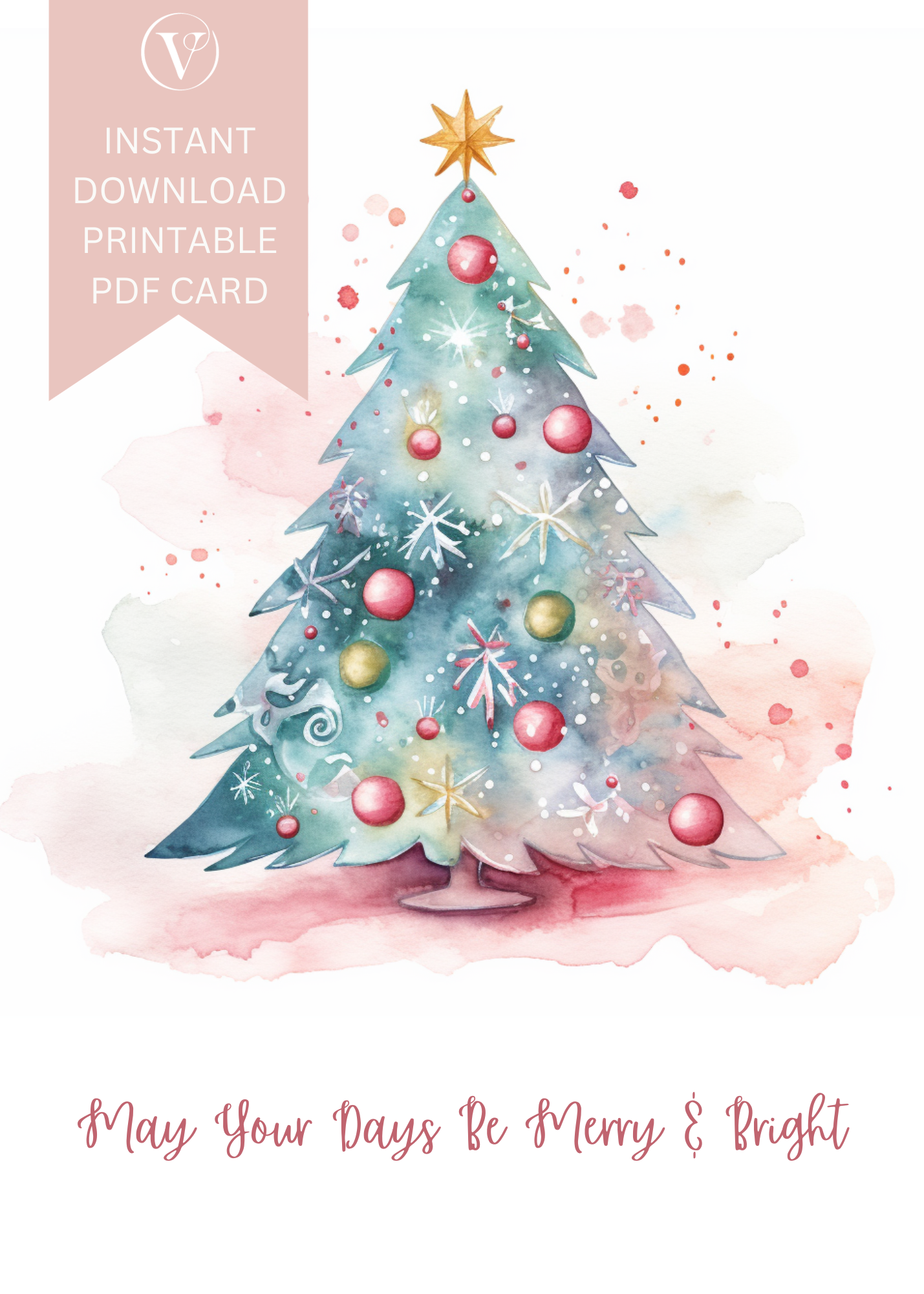 Pretty Pastel Watercolor Printable Christmas Tree A5 Card