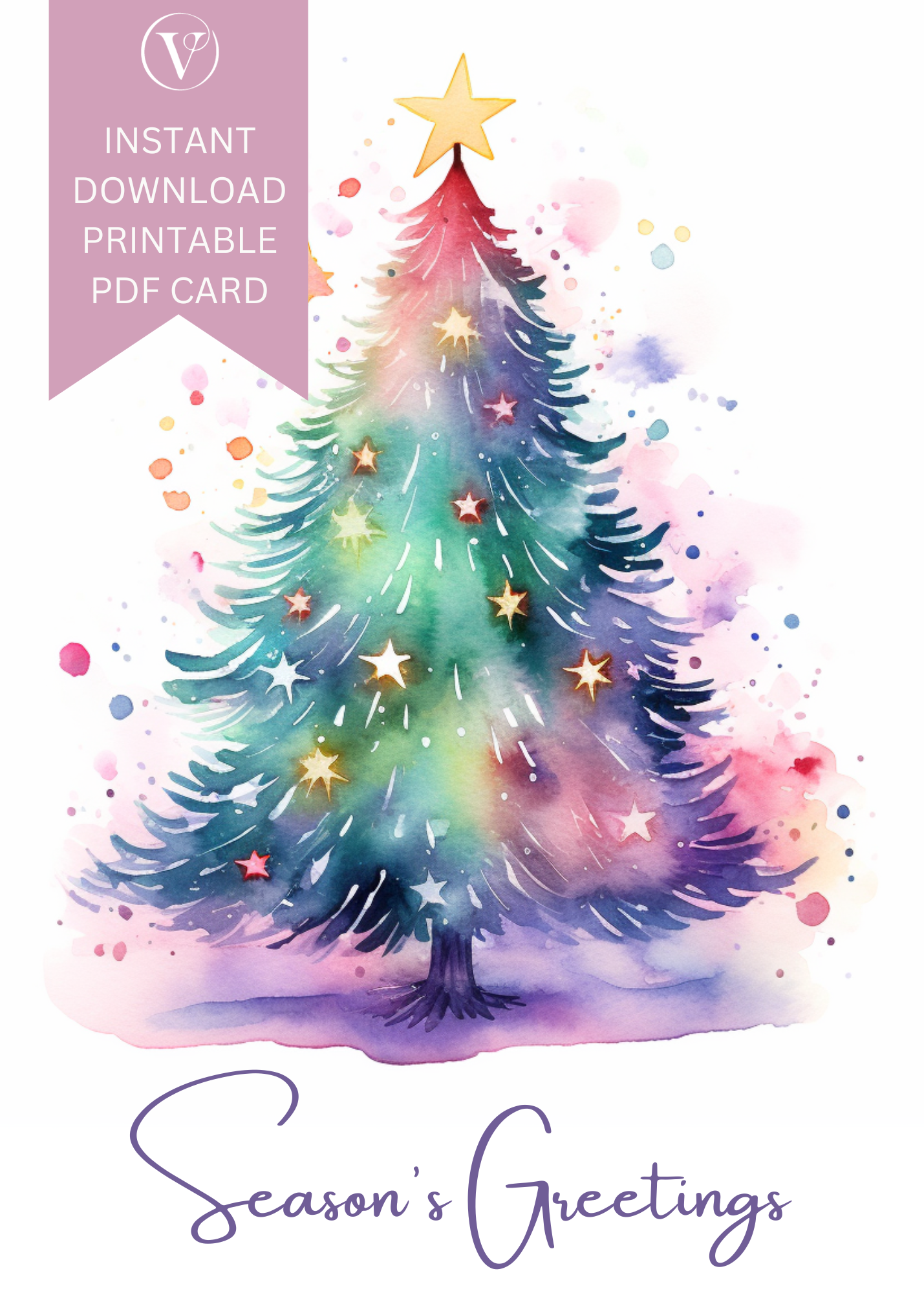 Enchanting Seasons Greetings Watercolor Printable Christmas Tree A5 Card