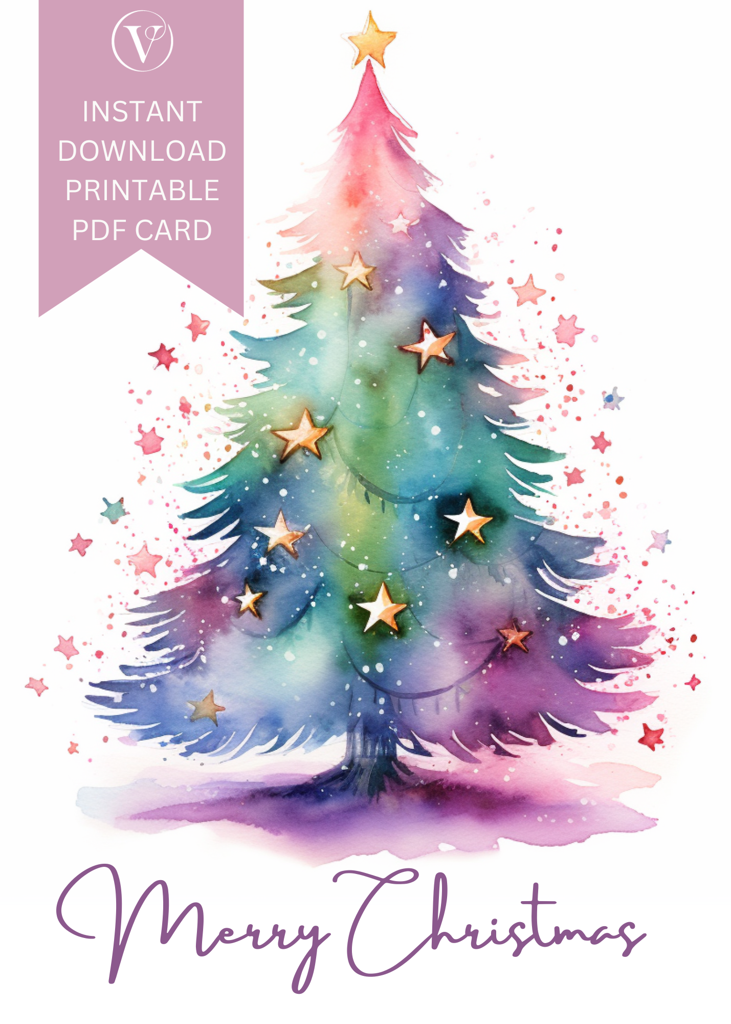 Enchanting Merry Christmas Watercolor Printable Christmas A5 Card