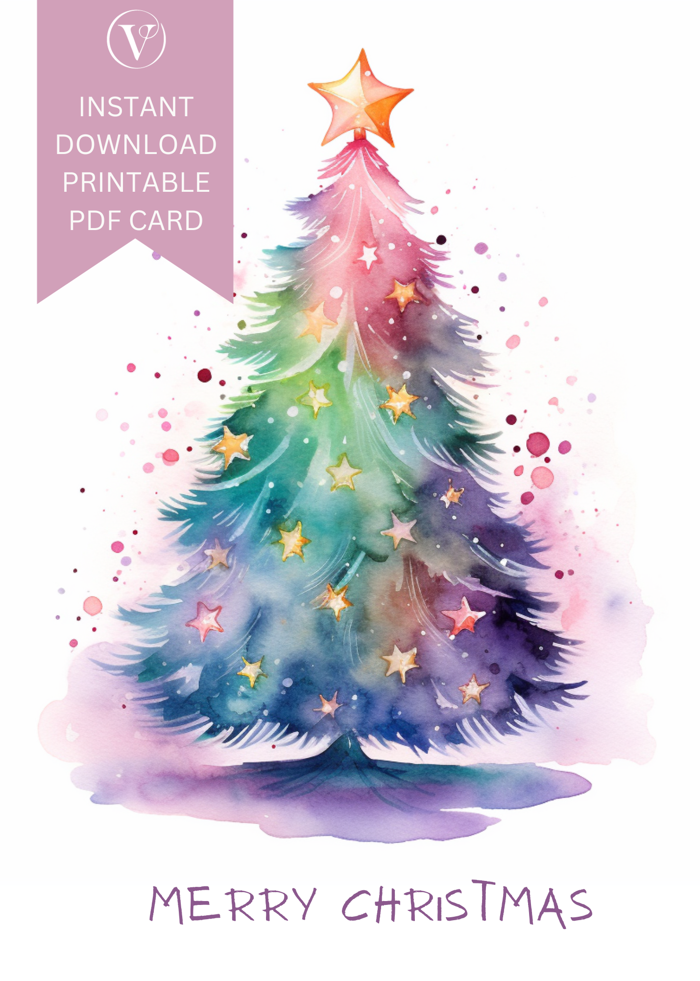 Merry Christmas Watercolor Printable Christmas A5 Card