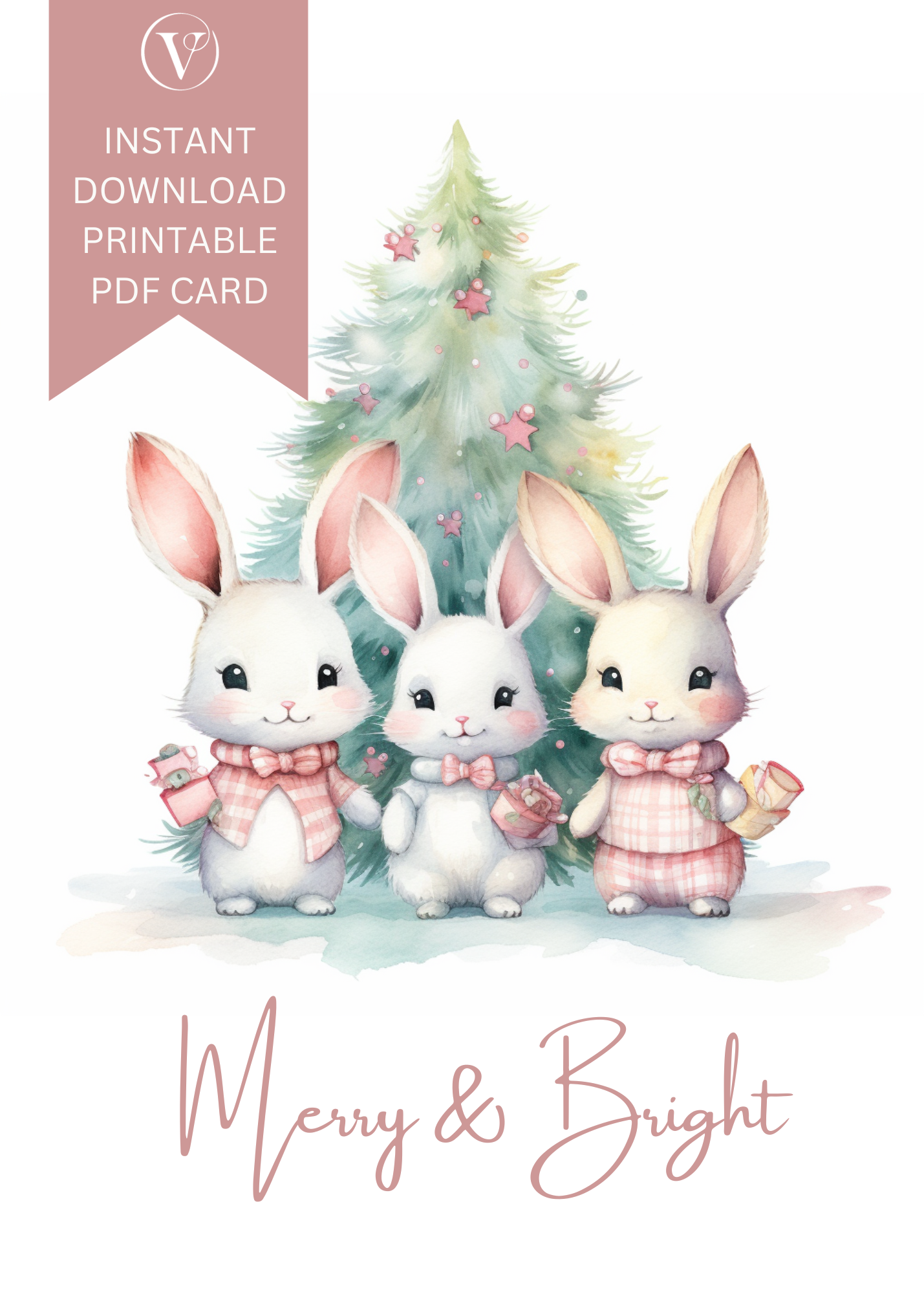 Delightful Pastel Watercolor Bunny Printable Christmas A5 Card