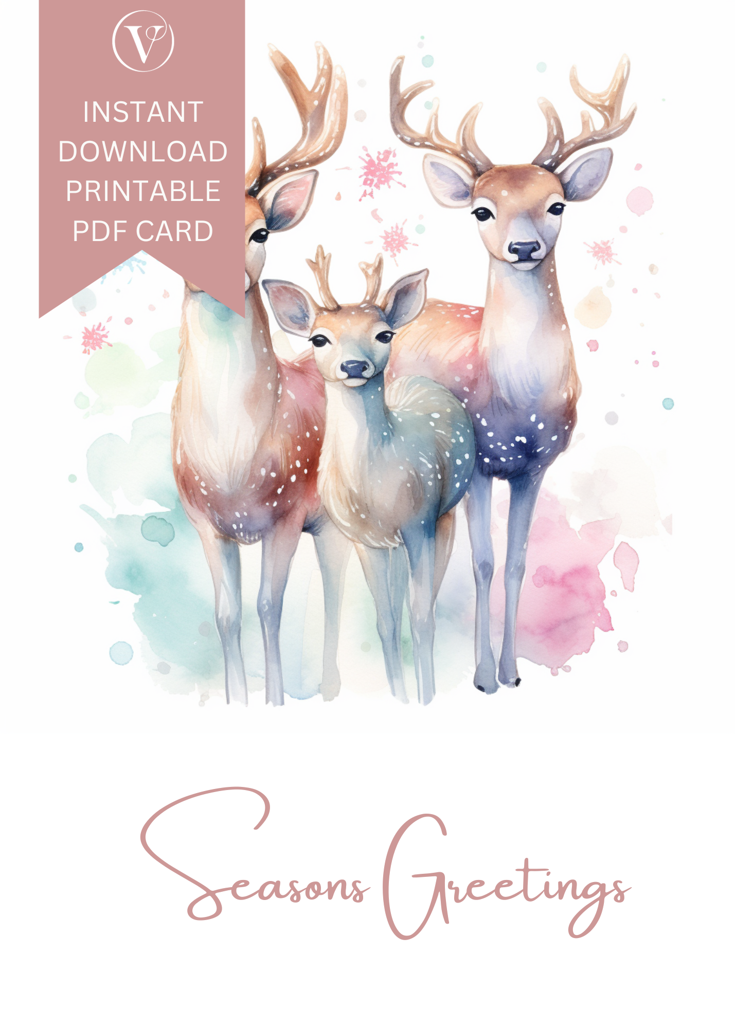 Beautiful Pastel Watercolor Deer Printable Christmas A5 Card