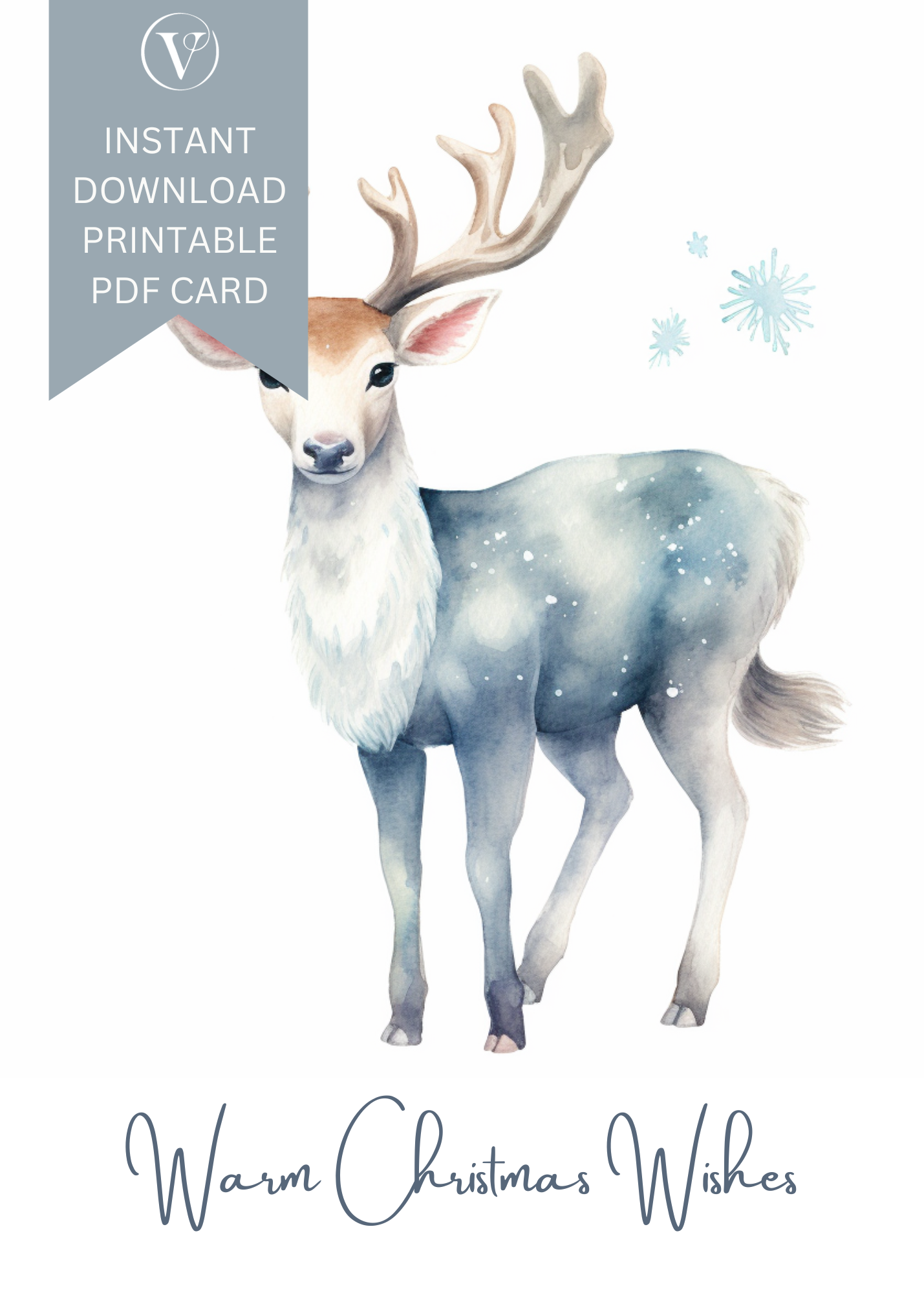 Elegant Pastel Watercolor Deer Printable Christmas A5 Card