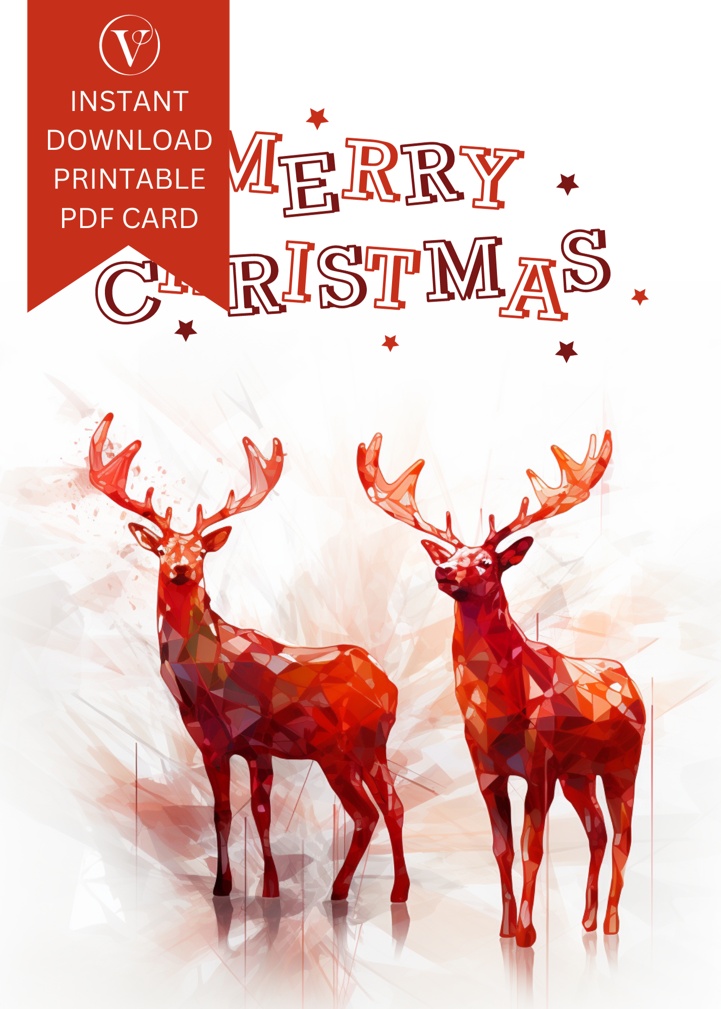 Modern Red Abstract Printable  Christmas Reindeer A5 Card