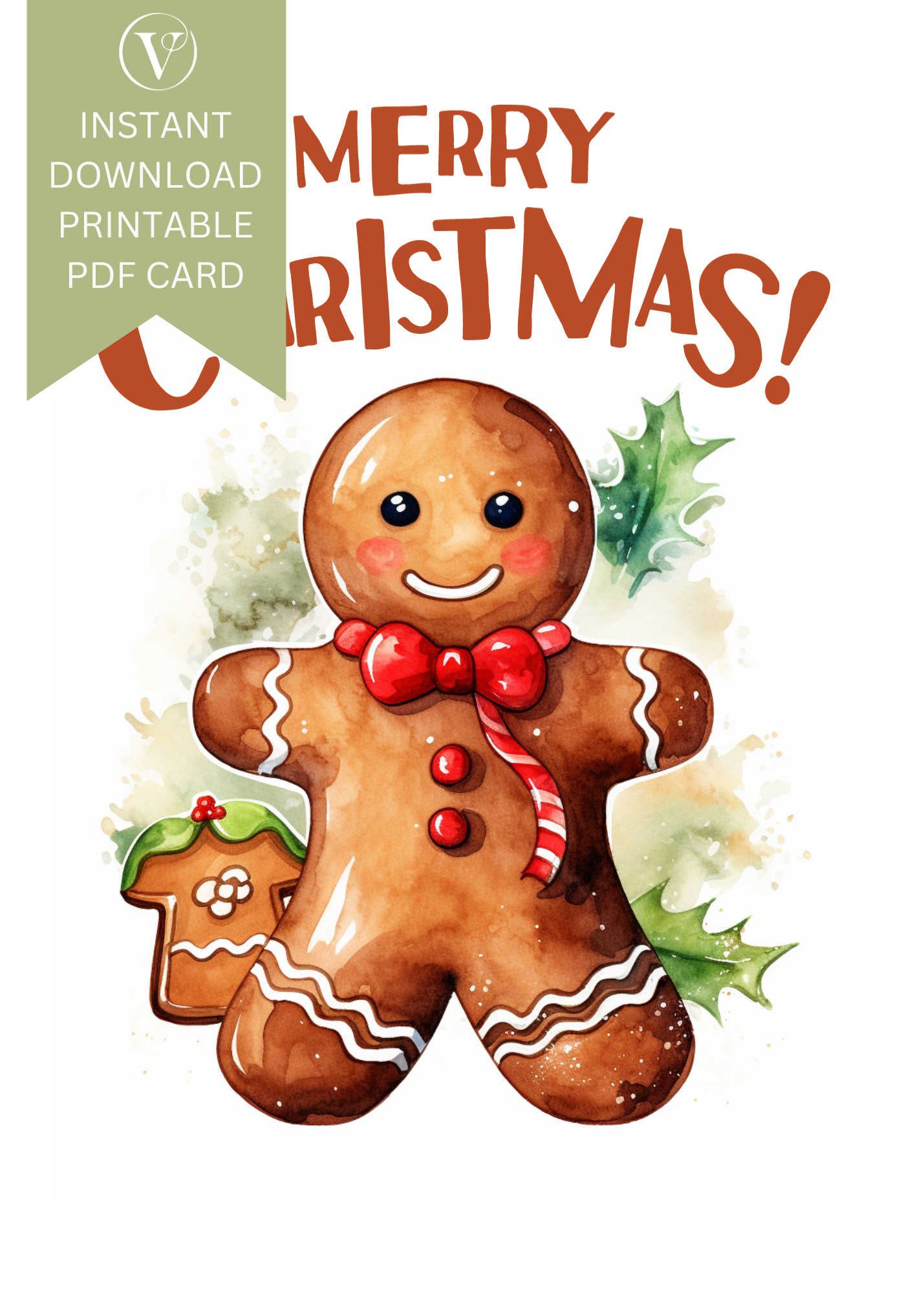 Merry Christmas Gingerbread Watercolor Printable Christmas Card A5 Size