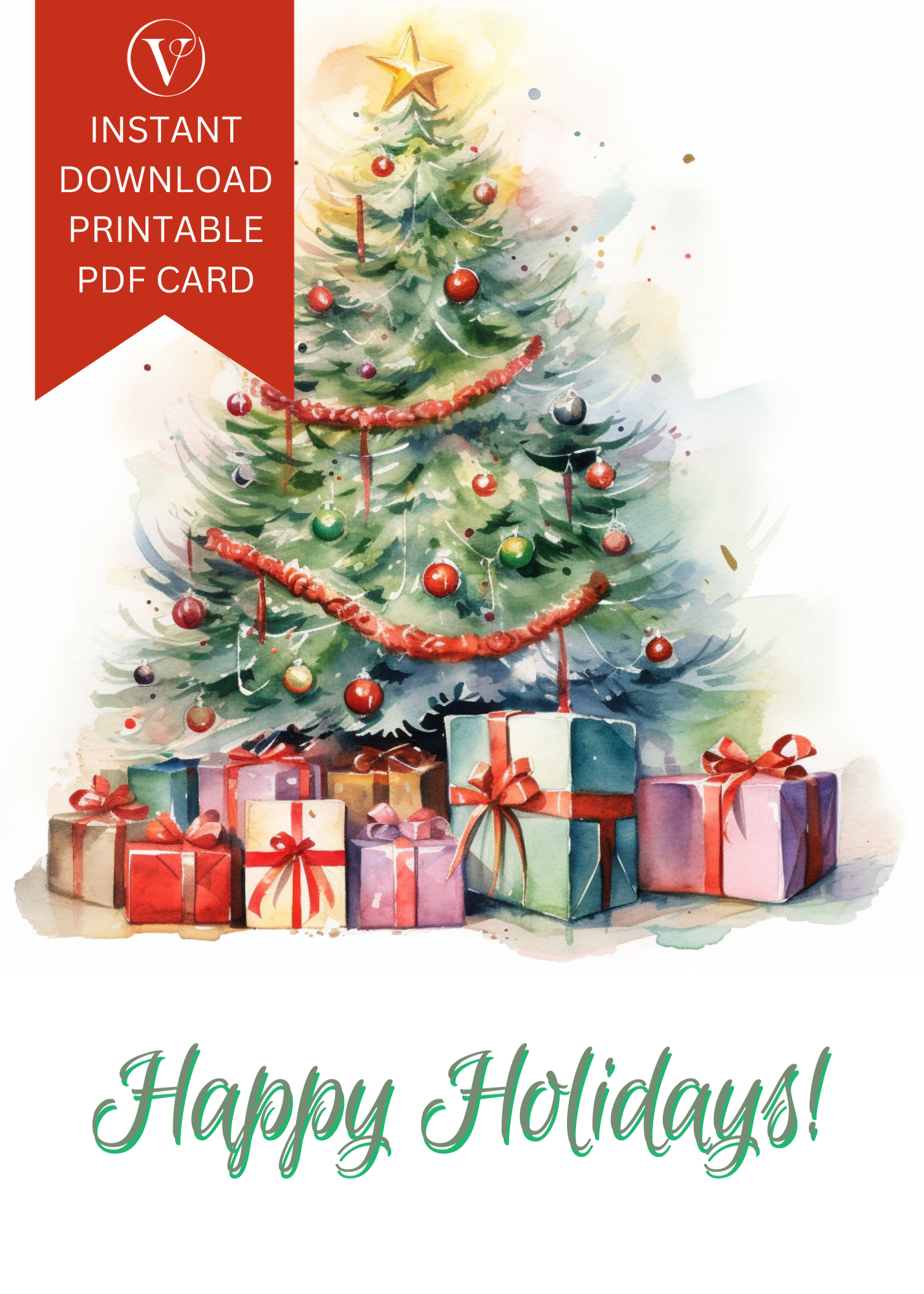 Charming Happy Holidays Printable Watercolor Christmas Tree A5 Card