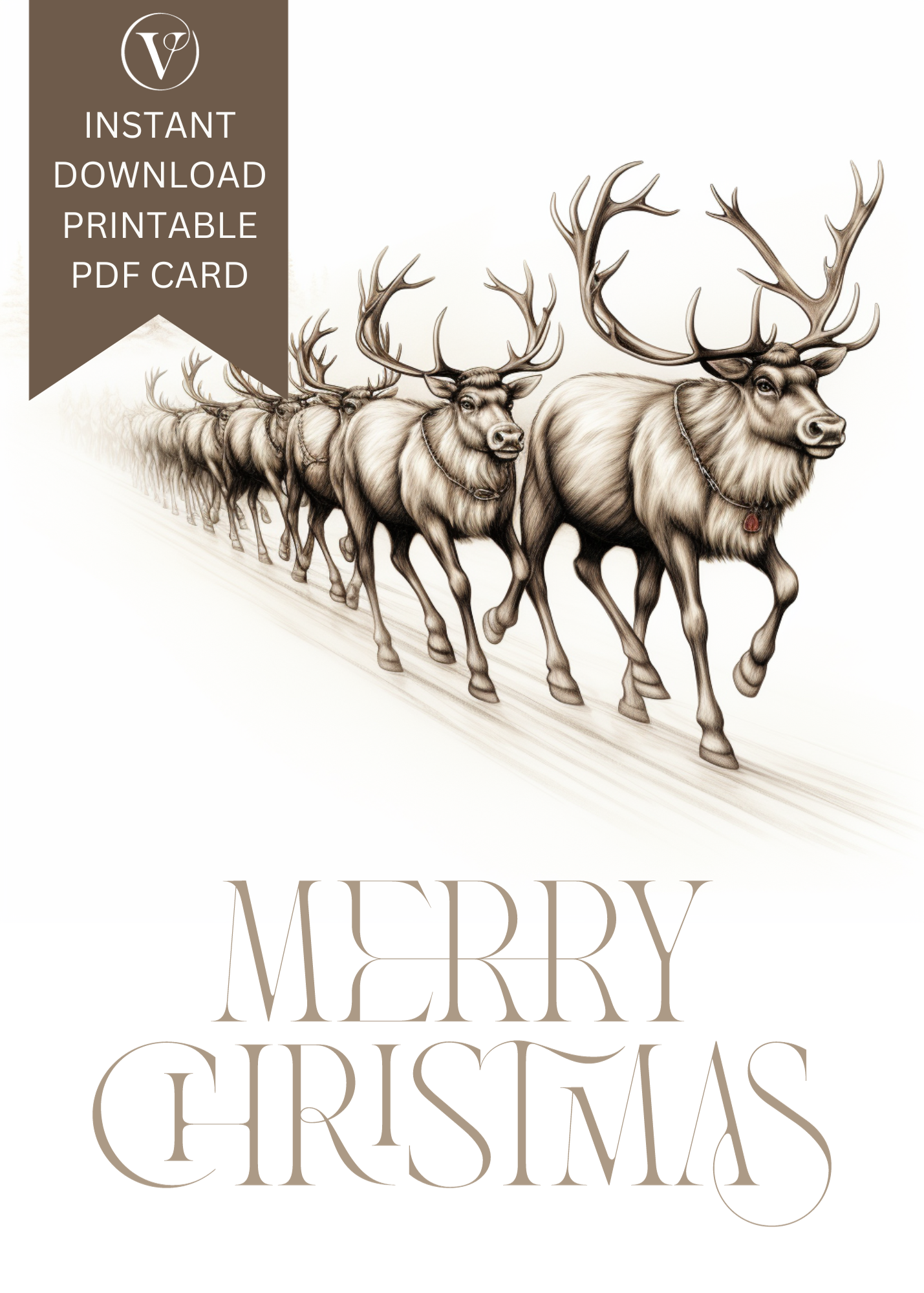 Printable Digital Christmas A5 Card - Beautiful Reindeer's Line Drawing