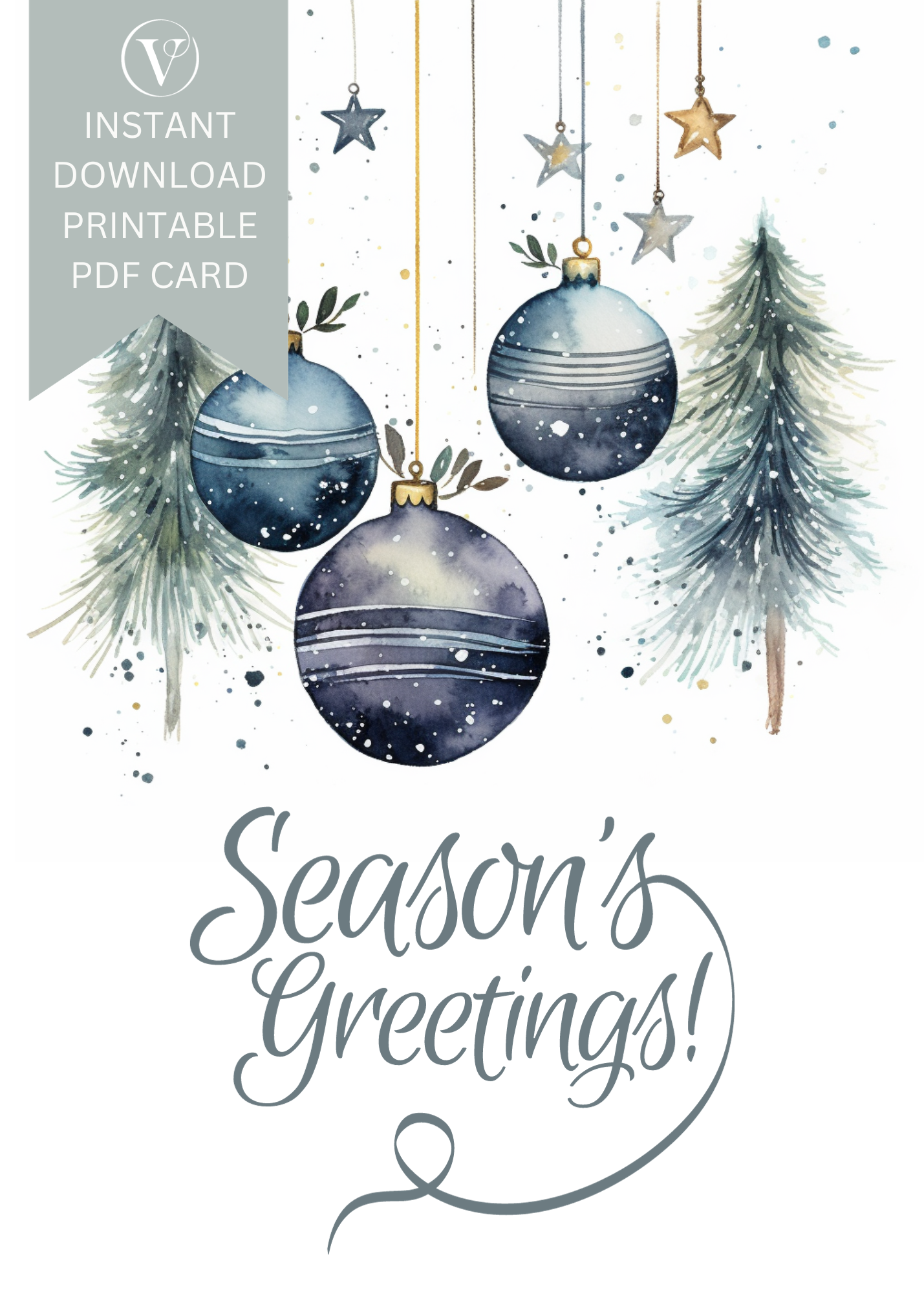 Digital Printable Watercolor Christmas A5 Card - Seasons Greetings Decorations