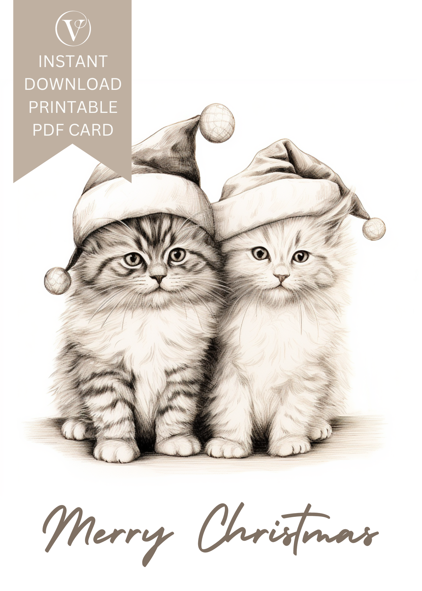 Merry Catmas Printable Digital Christmas A5 Card - Cute Kittens in Hats