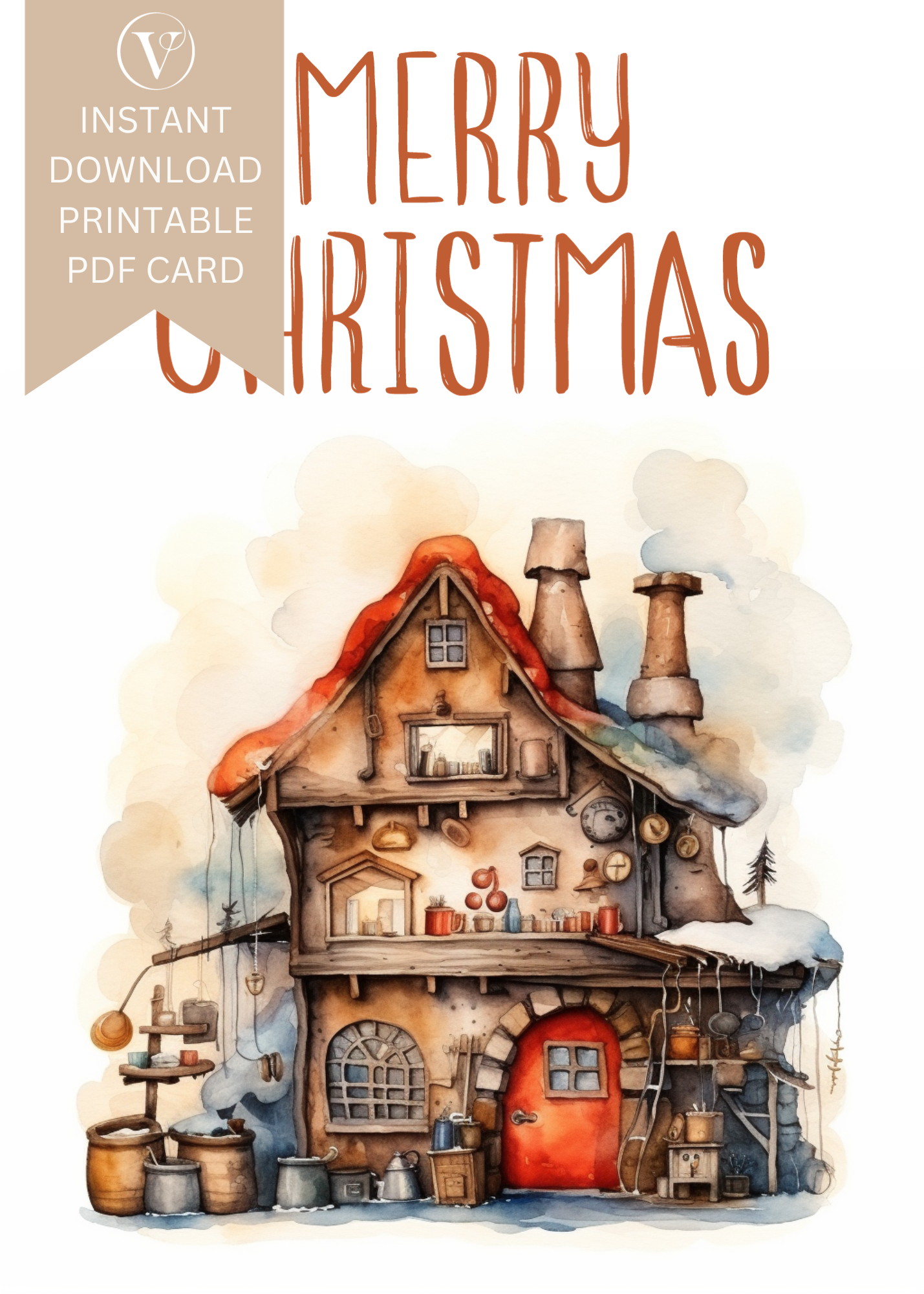 Digital Printable Christmas A5 Card - Santa's Workshop Watercolor