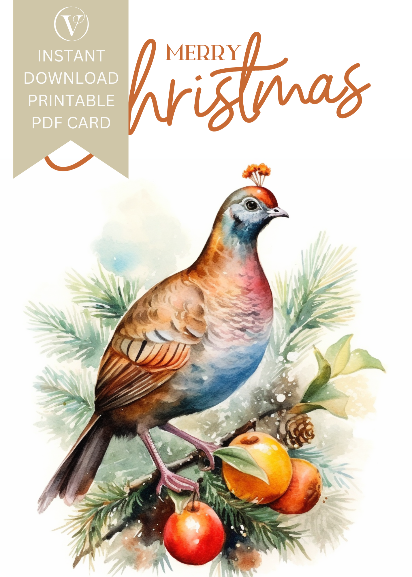 Printable Digital Watercolor Christmas A5 Card - Partridge in a Pear Tree