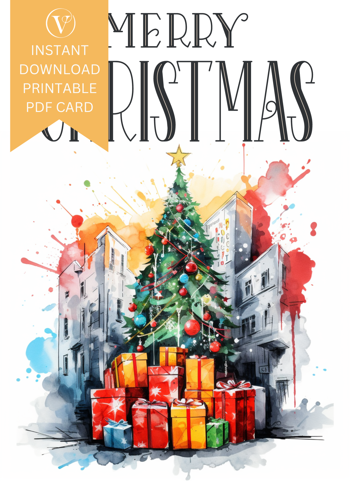 Digital Printable Street Art Style Christmas Tree A5 Card