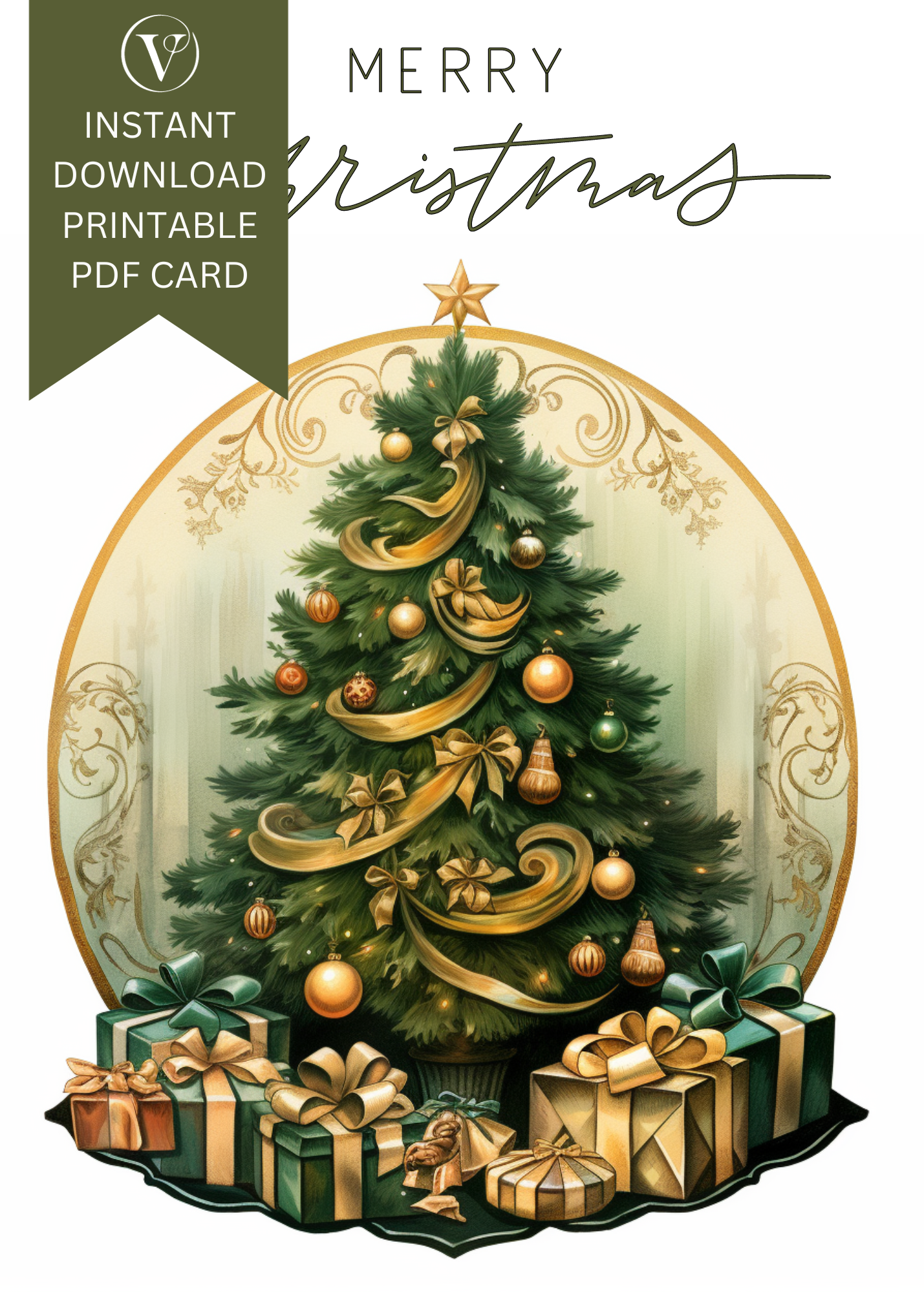 Digital Printable Elegant Art Deco Style Christmas Tree A5 Card