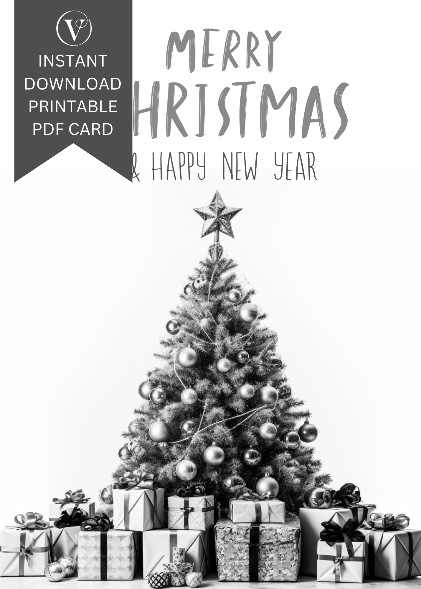 Unusual Digital Printable Monochrome Style Christmas Tree A5 Card