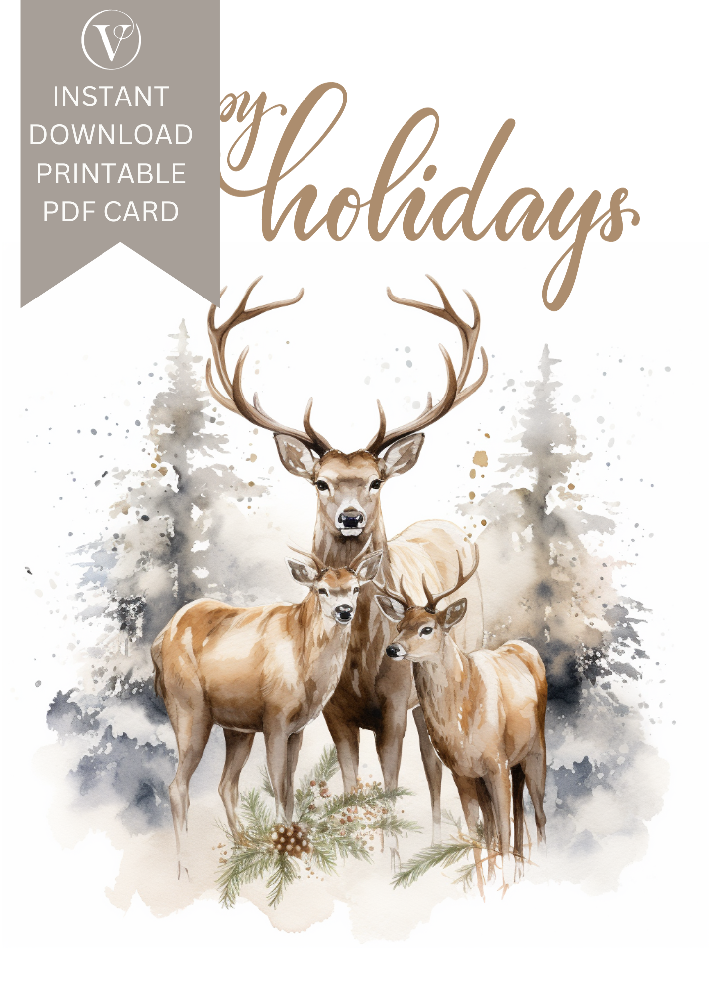 Neutral Watercolor Style Christmas Reindeer Printable Christmas A5 Card