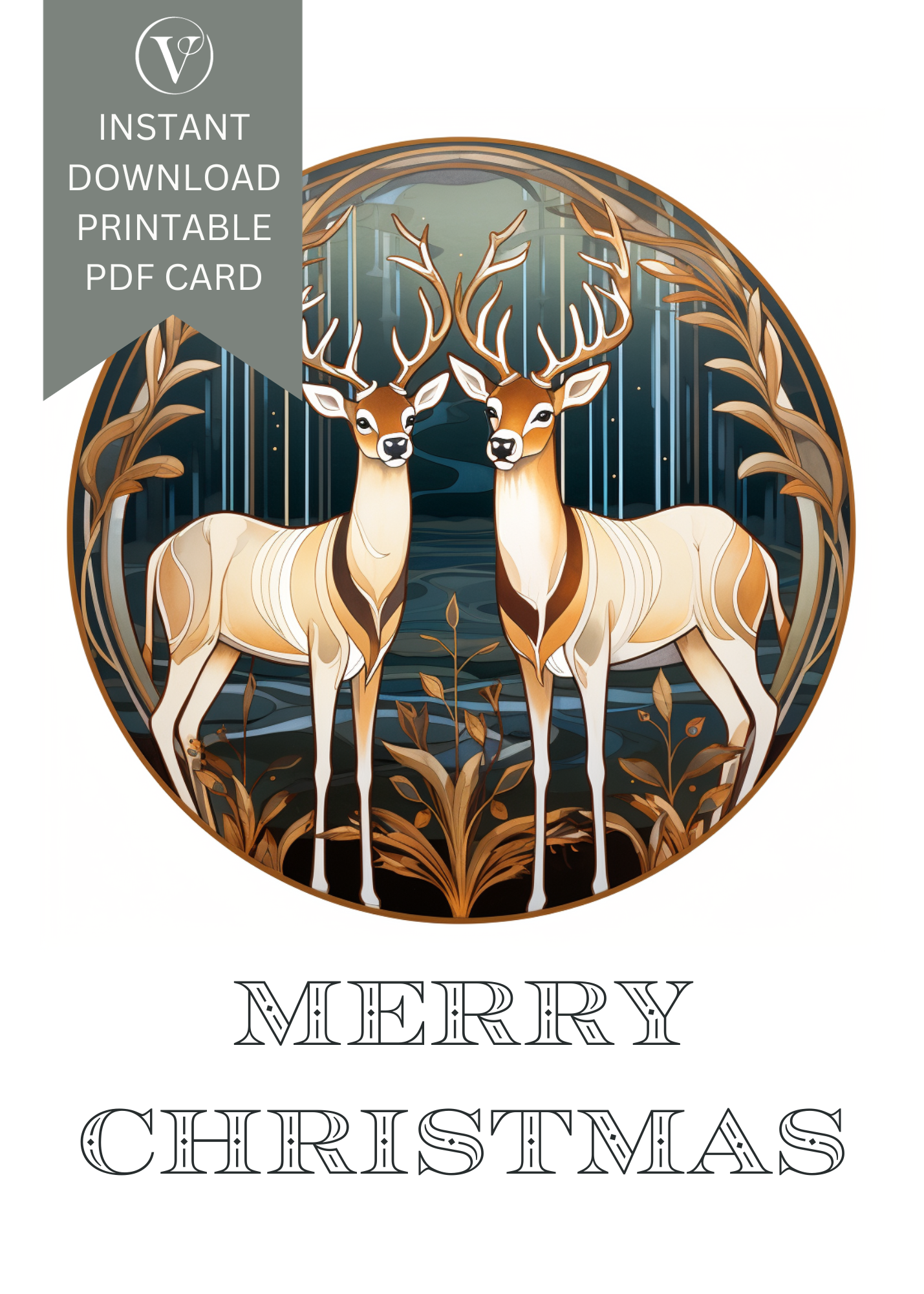 Printable Art Deco Style Reindeer Christmas A5 Card