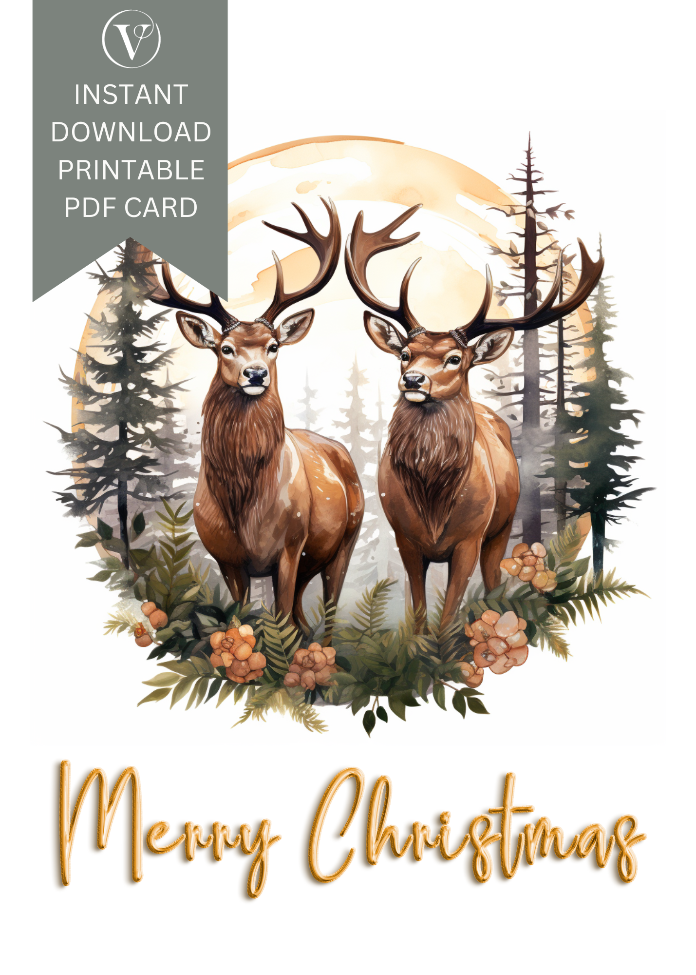 Stylish Woodland Style Reindeer Christmas A5 Card