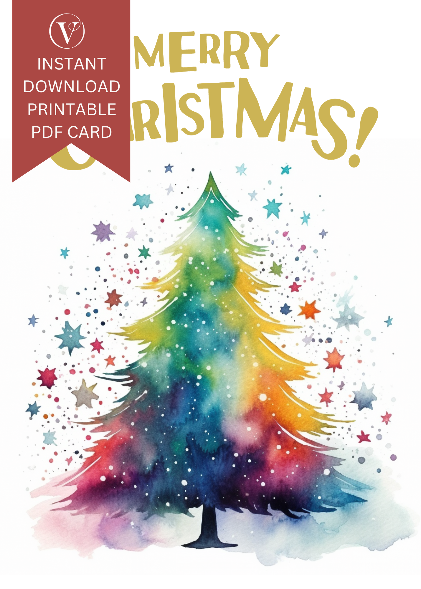 Colorful Watercolor Merry Christmas Tree Printable A5 Card