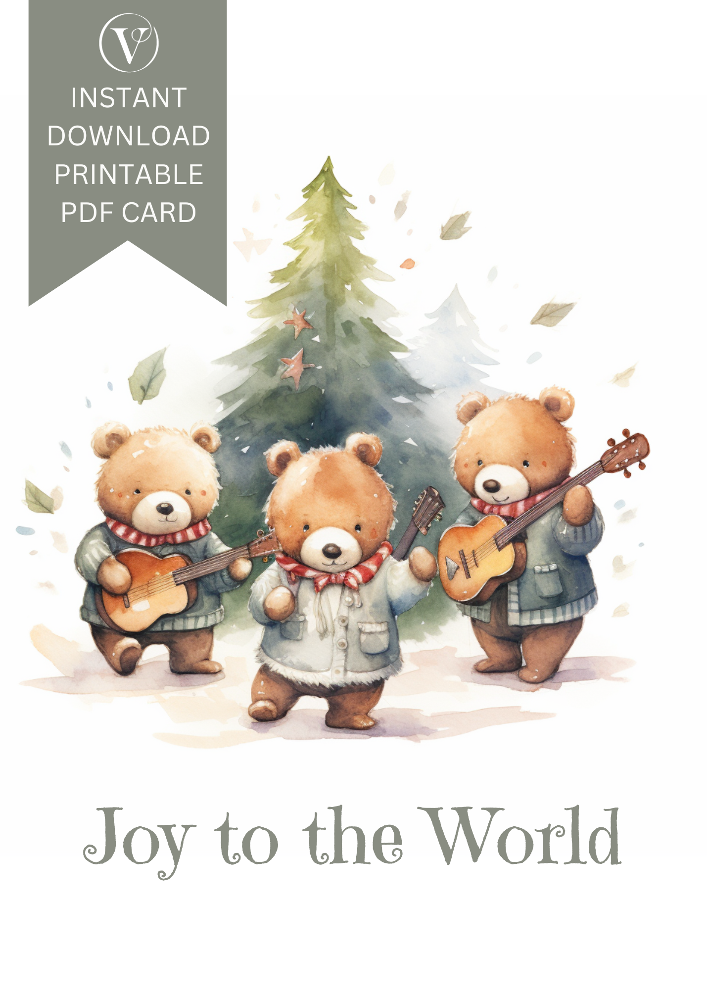 Joy to the World Adorable Bears Printable Christmas A5 Card