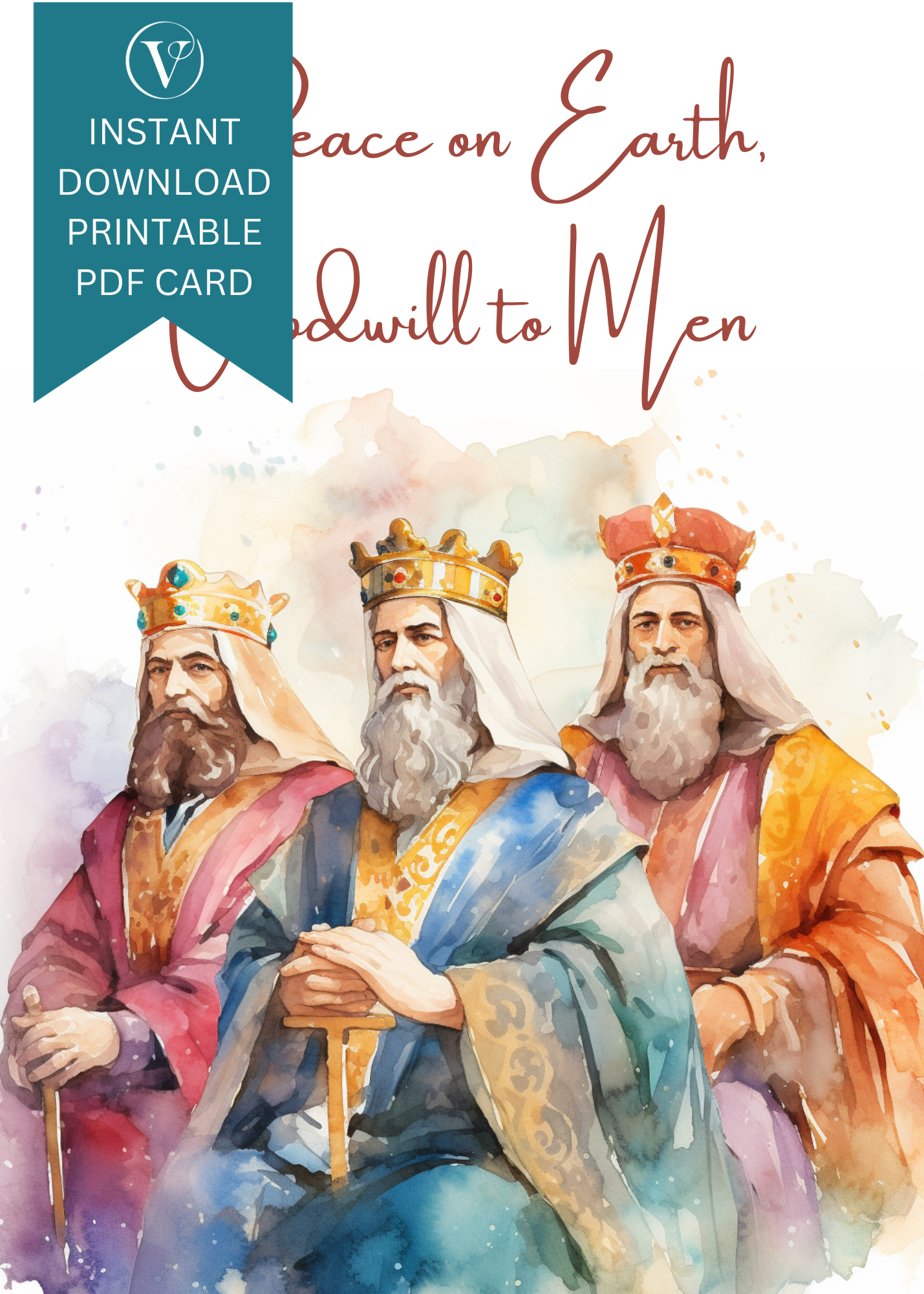 Elegant Three Wisemen Watercolor Printable Christmas A5 Card