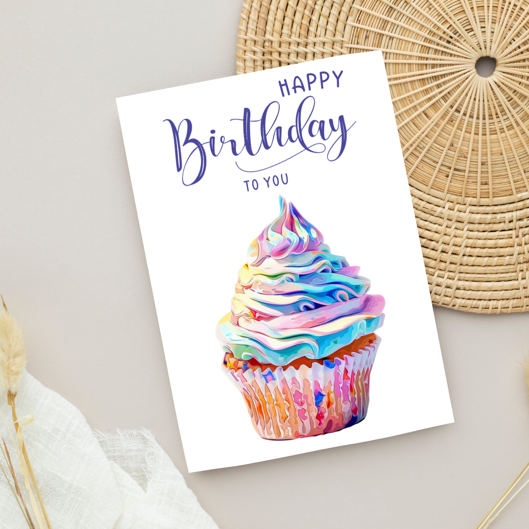 Blank A5 Printable Happy Birthday Cupcake Card - Printable Card