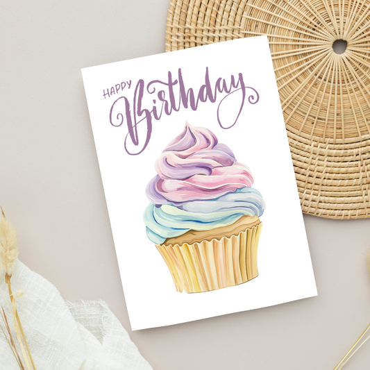 Blank A5 Printable Happy Birthday Cupcake Card - Printable Card