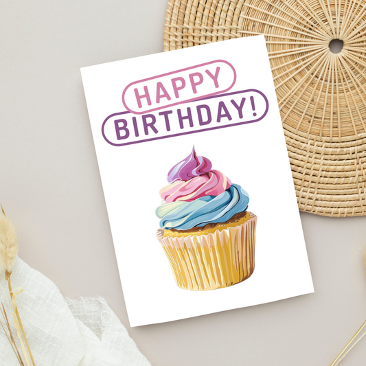 Blank A5 Printable Happy Birthday Cupcake Card - Printable Card