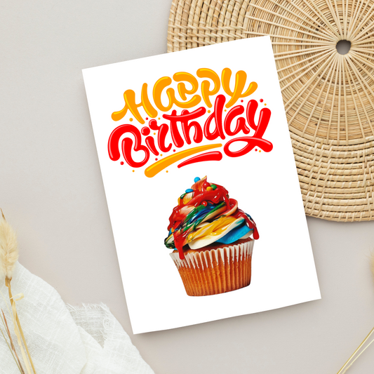 Blank A5 Printable Happy Birthday Cupcake Card - Retro Inspired Printable Card