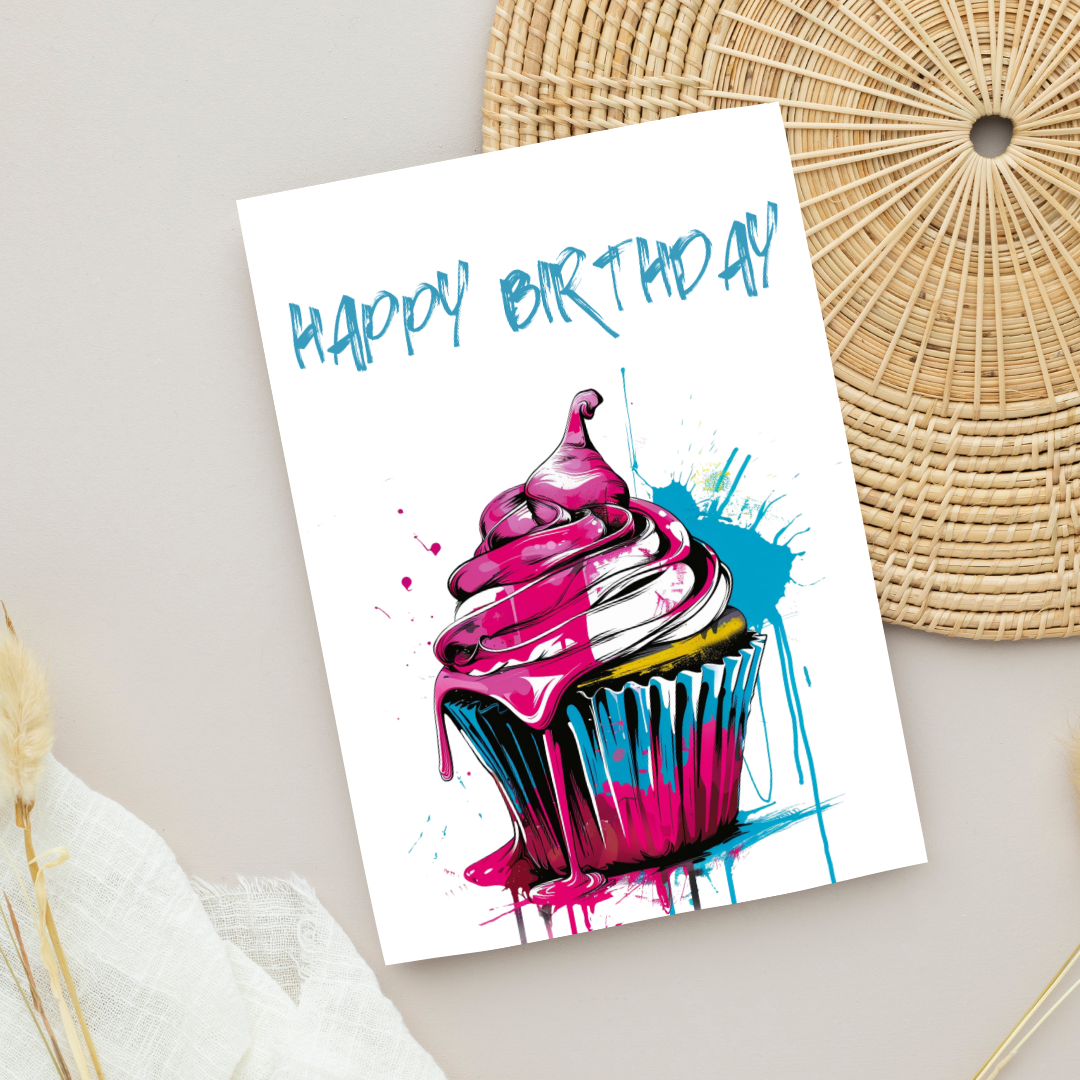 Blank A5 Printable Happy Birthday Cupcake Card - Street Art Inspired Printable Card