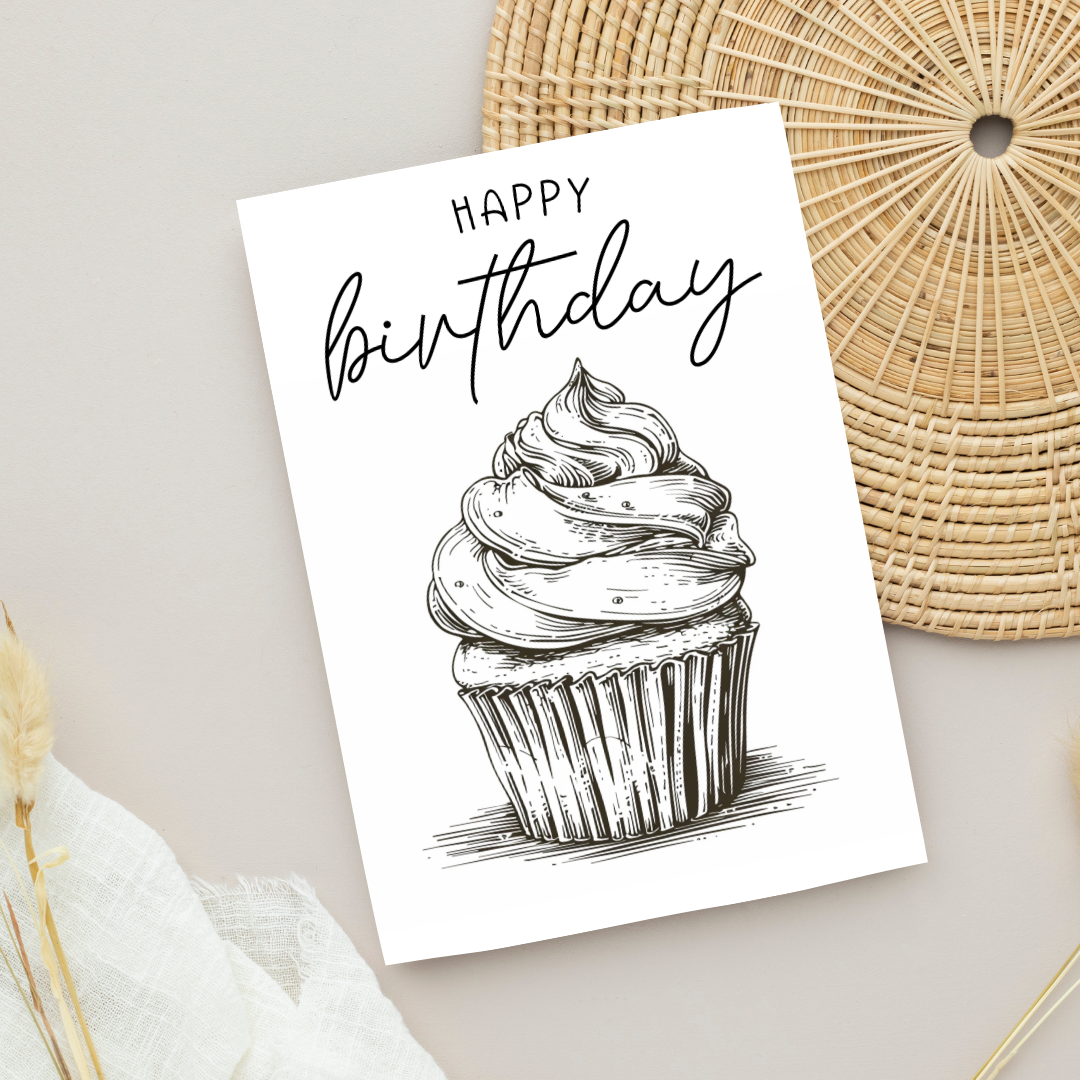 Blank A5 Printable Happy Birthday Cupcake Card - Black & White Printable Card