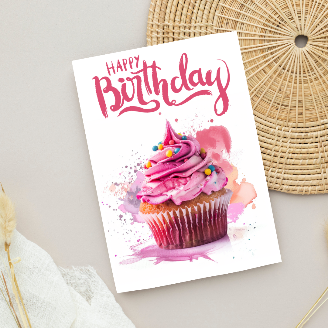 Blank A5 Printable Pink Happy Birthday Cupcake Card - Printable Card