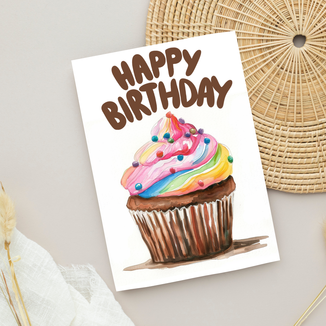 Blank A5 Printable Happy Birthday Chocolate Cupcake Card - Printable Card