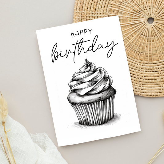 Blank A5 Printable Happy Birthday Cupcake Card - Black & White Printable Card