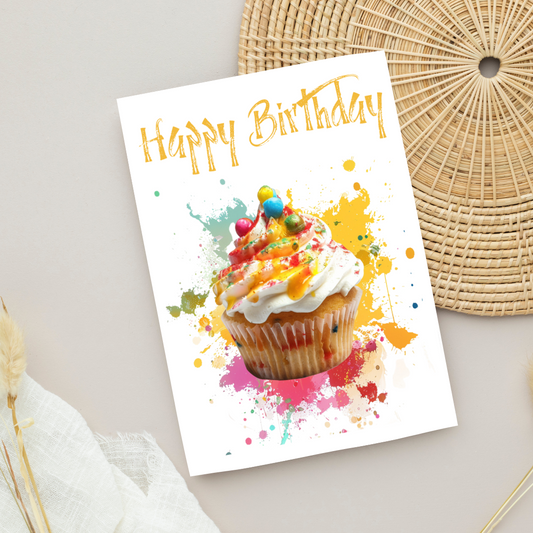 Blank A5 Printable Happy Birthday Cupcake Card - Pop Art Inspired Printable Card