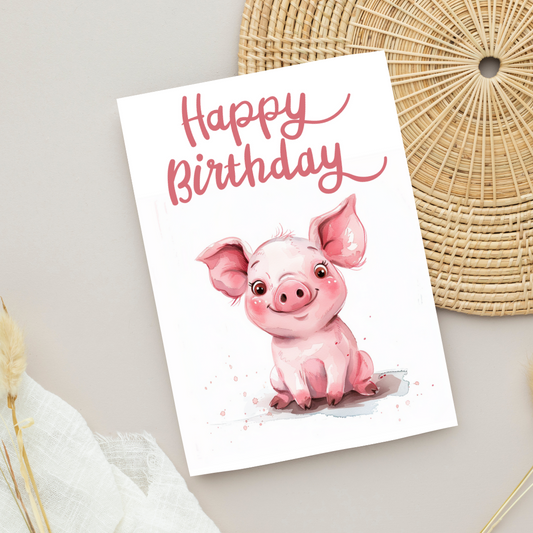 Blank A5 Printable 'Happy Birthday' Cute Piglet Card - Printable Card