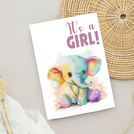Blank A5 Cute Pastel Watercolor Inspired 'It's a Girl' Celebration Card - Printable Card