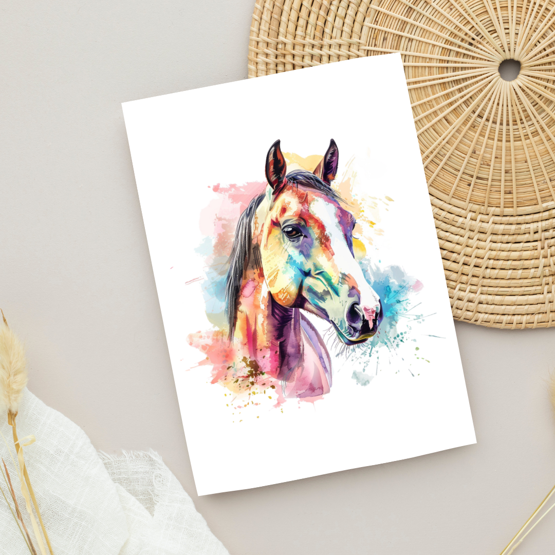 Blank A5 Watercolor Inspired Horse Card - Printable Card