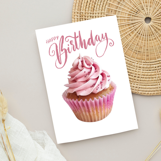 Blank A5 Printable Happy Birthday Cupcake Card - Pink Printable Card