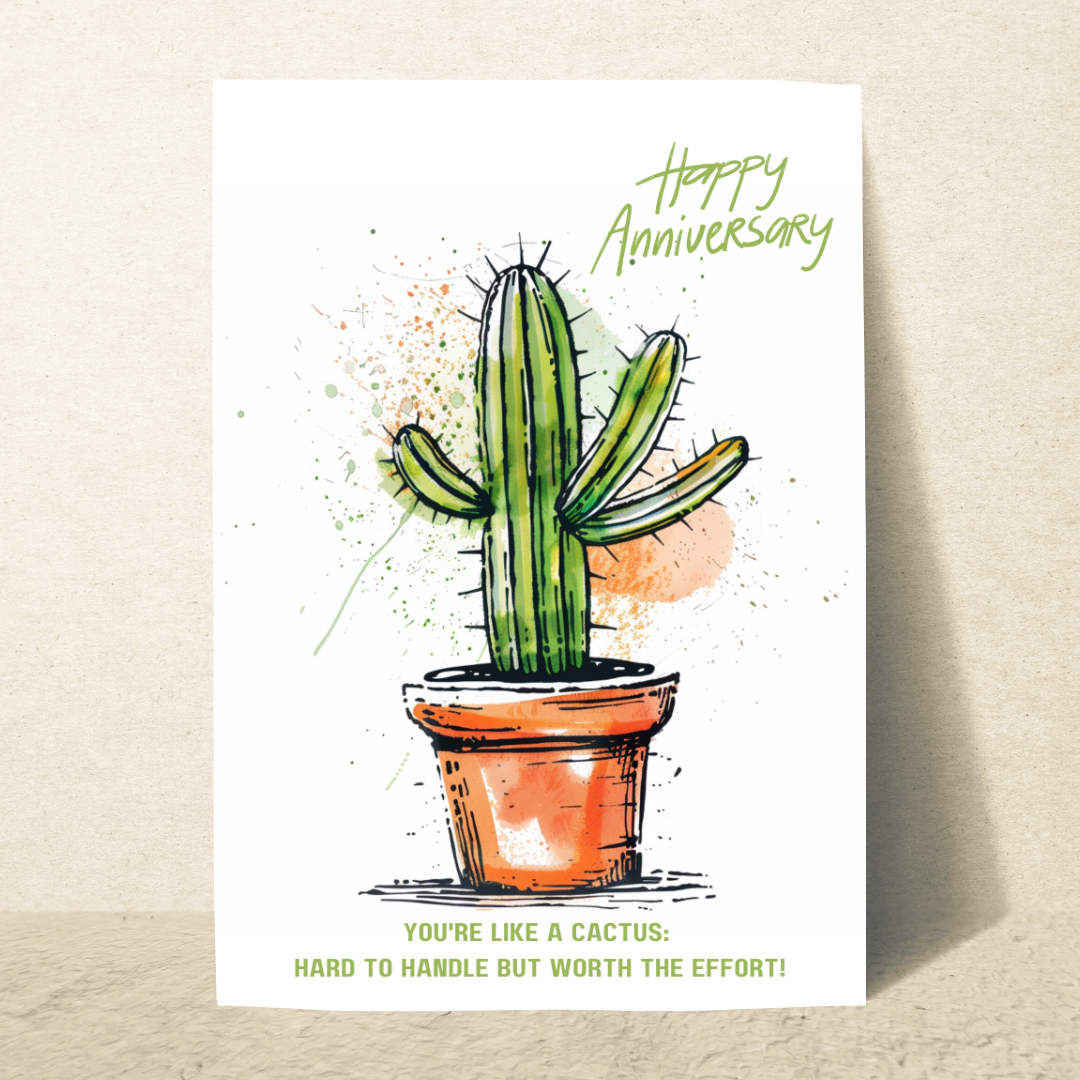 Fun Blank A5 Printable Happy Anniversary Cactus Card