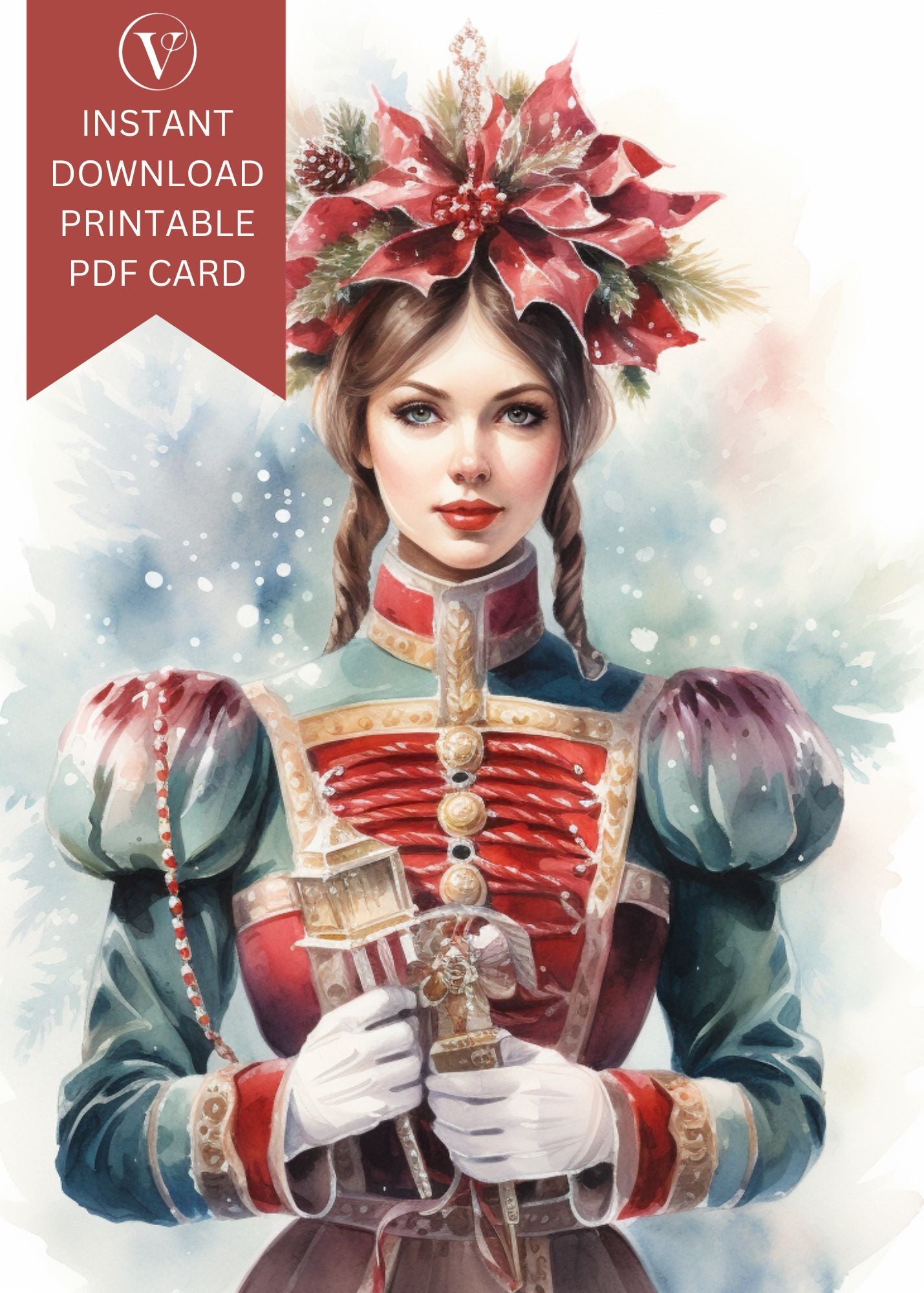 Beautiful Nutcracker Watercolor Style Printable Christmas A5 Card