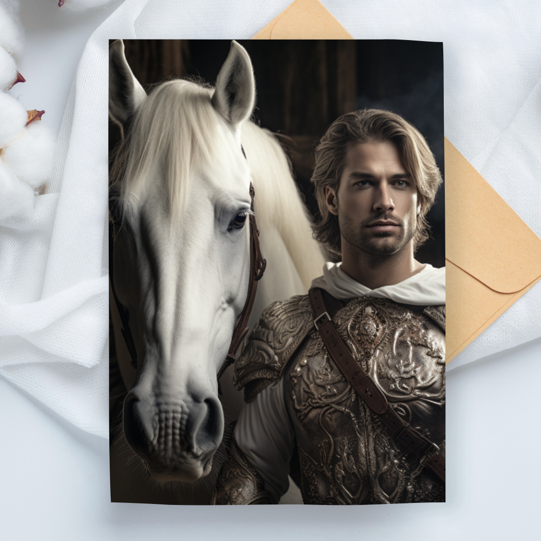 Knight in Shining Armour & White Steed - A5 Printable Card