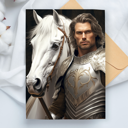 Knight in Shining Armour & White Steed - A5 Printable Card