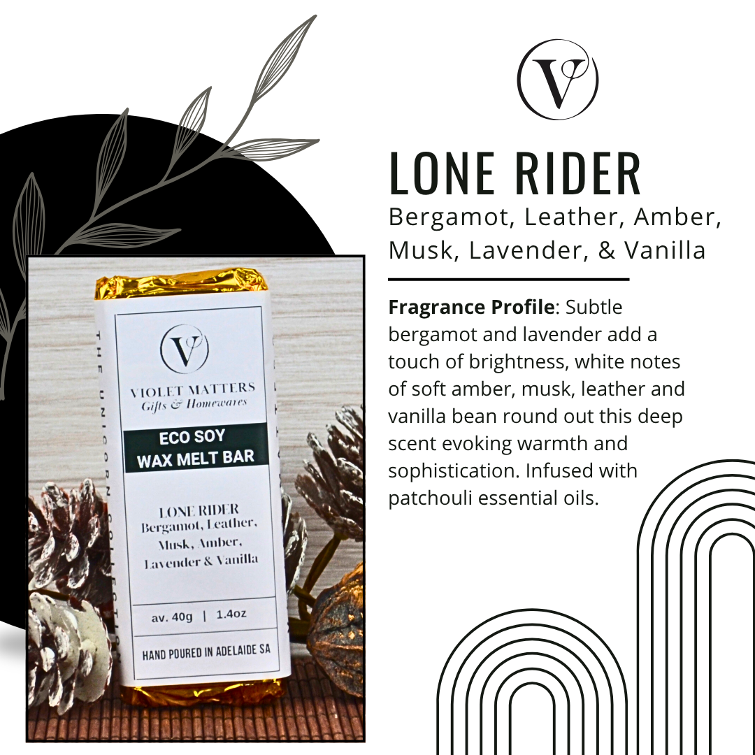 Lone Rider: Bergamot, Leather, Musk, Amber, Lavender & Vanilla - Eco Soy Wax Melt Bar