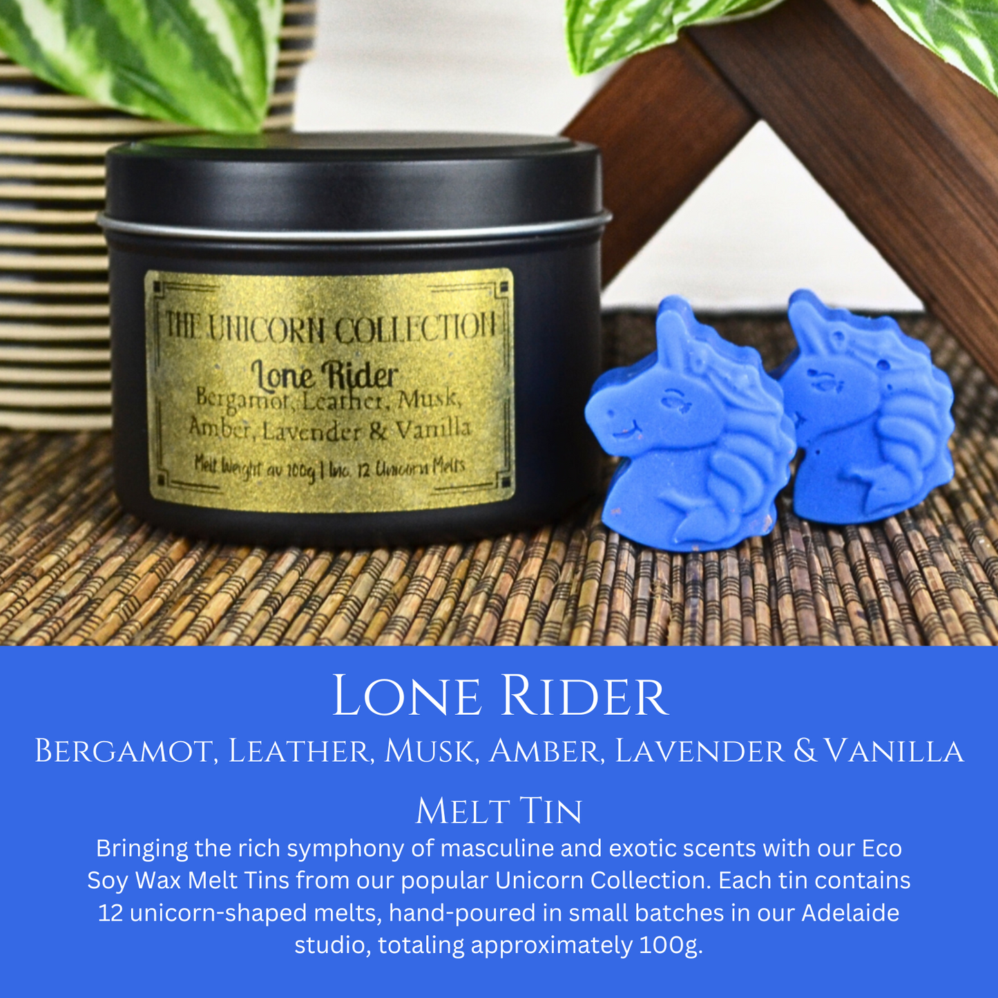 Lone Rider: Bergamot, Leather, Musk, Amber, Lavender & Vanilla - Eco Soy Wax Melt Tin