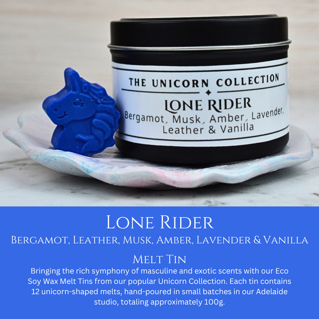Lone Rider: Bergamot, Leather, Musk, Amber, Lavender & Vanilla - Eco Soy Wax Melt Tin