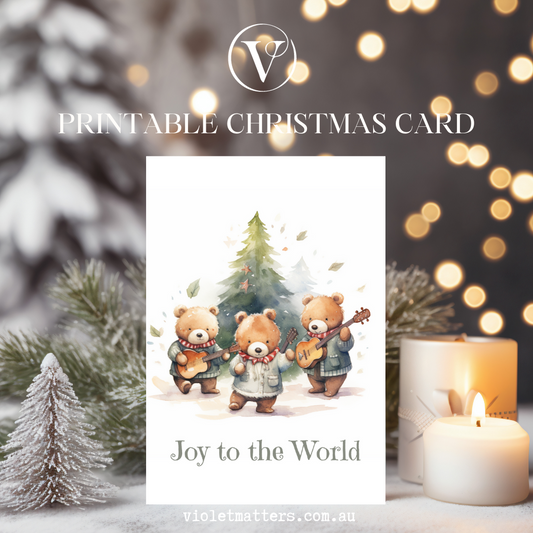 Joy to the World Adorable Bears Printable Christmas A5 Card