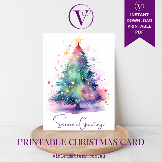 Enchanting Seasons Greetings Watercolor Printable Christmas Tree A5 Card