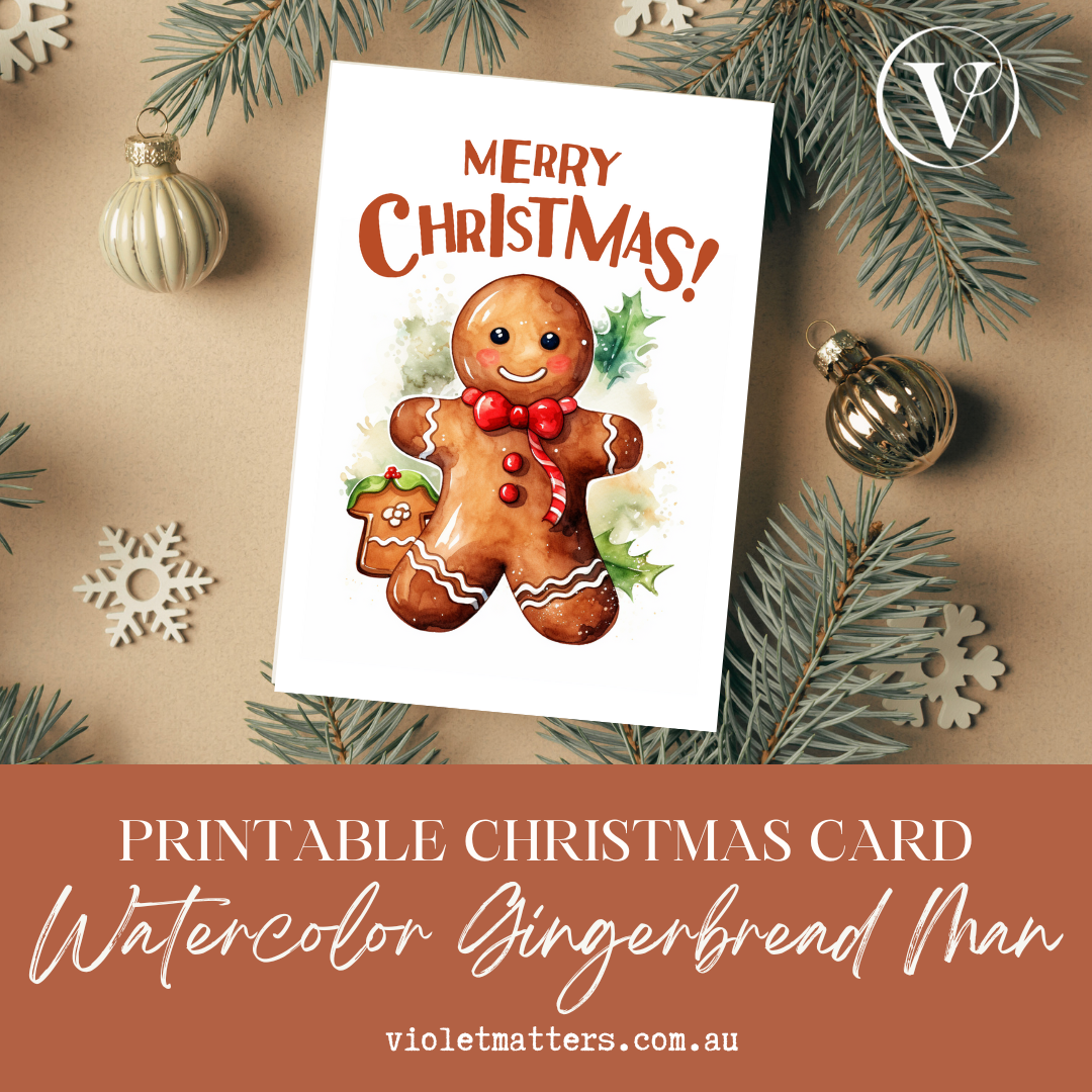 Merry Christmas Gingerbread Watercolor Printable Christmas Card A5 Size