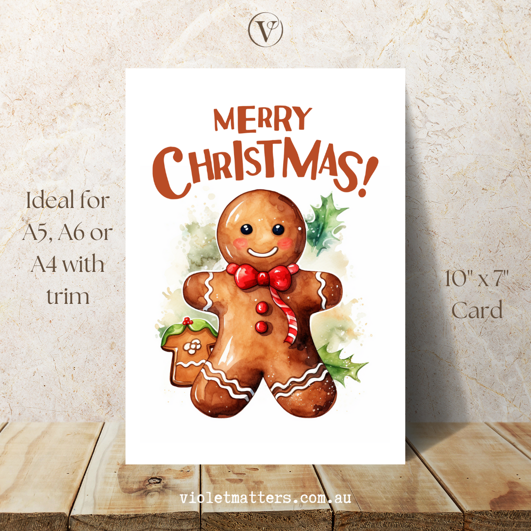 Merry Christmas Gingerbread Watercolor Printable Christmas Card A5 Size